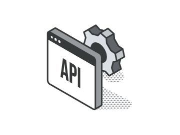 Symbolisches Icon - Stilisiertes Webfenster mit der Aufschrift API und einem Zahnrad im Hintergrund